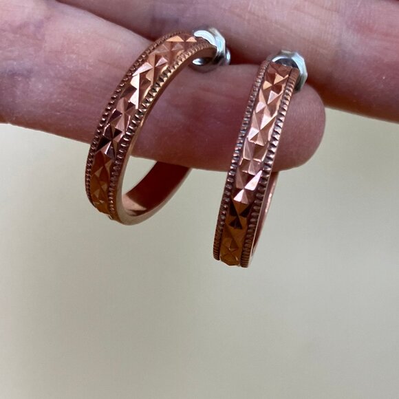 Copper Textured Stud Earrings Open Hoop Small 3/4" - Picture 4 of 7
